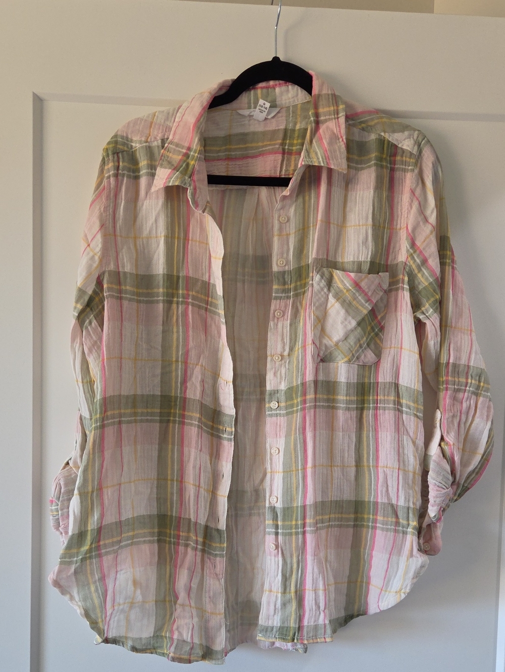 Time and Tru Women's Cream, Olive, and Pink Plaid Button-Down Shirt